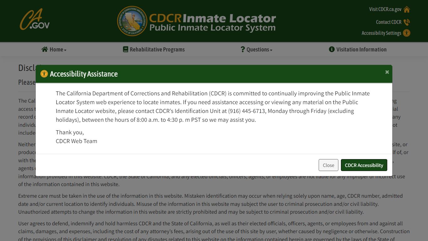 CDCR Public Inmate Locator Disclaimer - California